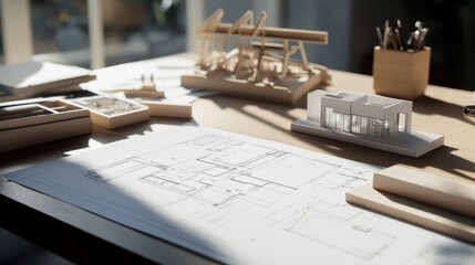 Poster - A detailed shot of an architect's desk with blueprints, scale models, and drafting tools