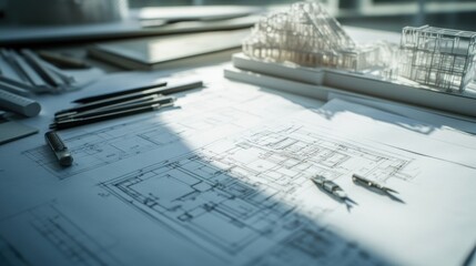 Poster - A detailed shot of an architect's desk with blueprints, scale models, and drafting tools