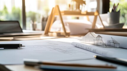 Poster - A detailed shot of an architect's desk with blueprints, scale models, and drafting tools