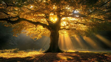 Poster - Golden Sunlight Through Autumn Leaves Illuminating a Forest Tree