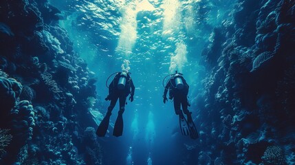 Two scuba divers swim underwater in ocean space . Two divers exploring