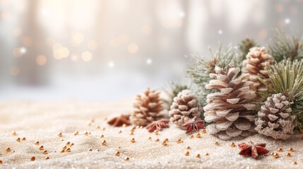 A sand Christmas tree and golden star on a snowy background with pinecones, concept of a tropical holiday with Christmas cheer. Ideal for themes of winter decor and Christmas cards