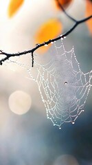 Wall Mural -   A zoomed-in image of a spider web on a tree branch, adorned with droplets of water