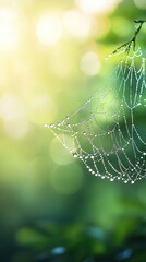Wall Mural -   A close-up of a spider web on a tree branch with droplets of water on the spider's web