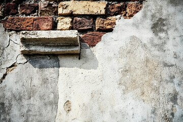 Sticker - Weathered Brick Wall with Cracked Plaster and a Stone Ledge