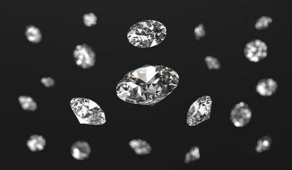 Fototapete - White brilliant diamond group falling in black background 3d rendering	
