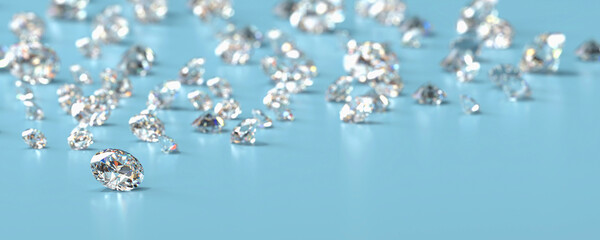 Poster - Diamonds group placed on glossy blue background 3d Rendering Soft Focus	