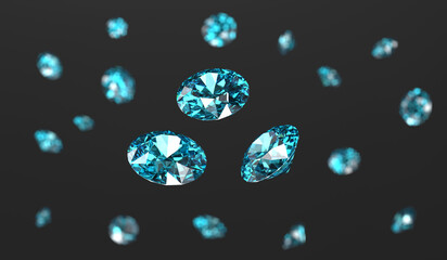 Fototapete - Blue brilliant diamond group falling in black background 3d rendering	