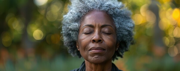 Grateful senior African American woman meditating outdoors, eyes closed, expressing peace and mindfulness. Free copy space for text.