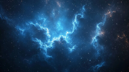 Abstract background of a blue night sky with stars and a nebula