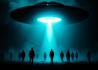 silhouetted figures gather beneath a glowing ufo, enveloped in eerie light. the scene evokes mystery