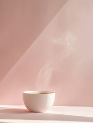 Poster - A tea cup releases smooth, curling steam beside a serene pink wall, creating a calming atmosphere perfect for a quiet moment. Generative AI