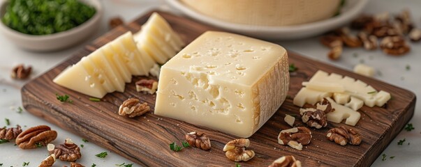 Close-up of a cheese wedge on a rustic wooden board, garnished with fresh rosemary and assorted nuts, highlighting gourmet delicacies. Free copy space for text.