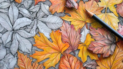 The image features a close-up view of an artistic arrangement of leaves, showcasing a mix of hand-drawn and colored elements. The leaves are primarily in warm hues of yellow, orange, and red, depictin