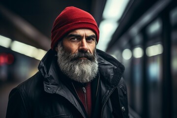 Wall Mural - Portrait of a bearded old man in a red hat on the street