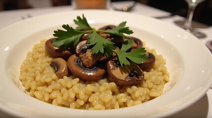 Delicious mushroom dish served on a bed of grains at a cozy restaurant during a dinner gathering