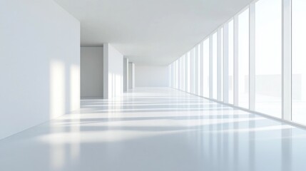  A long, white hallway with large windows. Light floods the space