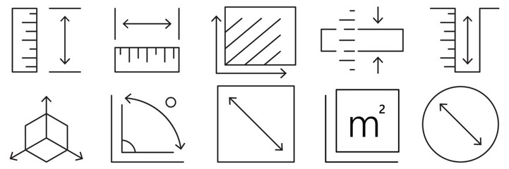 set of outlined length, weight and volume icon collection. scalability or scalable symbol. size, res