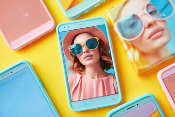 Close-up of multiple smartphones displaying vibrant beach and ocean scenes, showcasing digital travel content.
