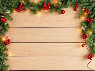 christmas garland mock up copy space, wooden background, merry christmas and happy new year 