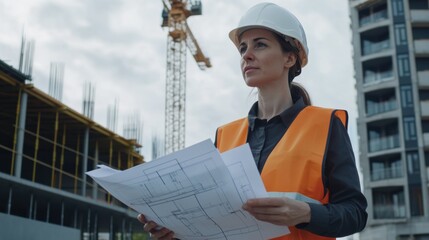 Poster - A female architect in a white hard hat and reflective vest, holding blueprints, with a construction crane and building frame behind