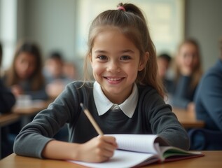 Portrait of a student in the classroom pupil at school pretty student close up