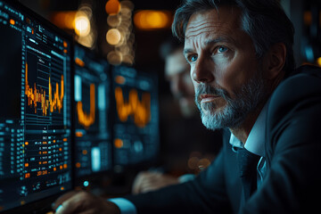 Fototapete - Traders analyzing market data on multiple computer screens, searching for patterns that could influence investment decisions. Concept of finance.