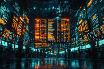 Traders gathered around the stock exchange floor, monitoring the volatile markets and making quick decisions. Concept of stock market.