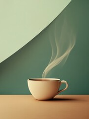 Poster - A steaming cup of tea rests on a smooth surface, releasing gentle curls of steam into a calm atmosphere. Generative AI