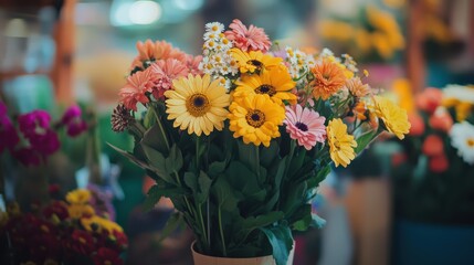 A playful banner featuring a fun mix of daisies, sunflowers, and zinnias, with a cheerful color palette and light, informal typography, creating a friendly and inviting tone for a local flower shop