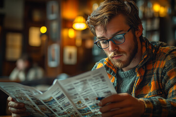 Poster - An investor reviewing annual reports of companies before making informed stock purchases, demonstrating due diligence. Concept of research.