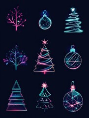 Poster - Bright, glowing outlines of Christmas trees and ornaments create a minimalist design that celebrates the holiday spirit beautifully. Generative AI