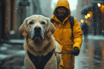 Poster - a visually impaired person using a guide dog to navigate a busy street, highlighting independence. c