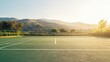 © aubriella - A tranquil outdoor tennis practice court with freshly painted lines and a backdrop of rolling hills, early morning light casting a soft glow, Minimalist style