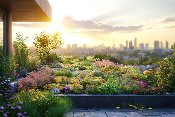 Aufkleber - A rooftop garden in a city, providing fresh produce and green space while reducing the urban heat island effect. Concept of urban ecology.