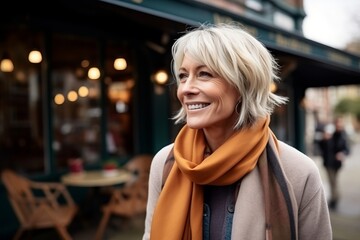 Canvas Print - Portrait of a happy senior woman in a street cafe smiling at the camera