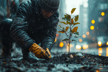 Aufkleber - a person planting a tree in an urban area, contributing to a greener and more sustainable city. conc