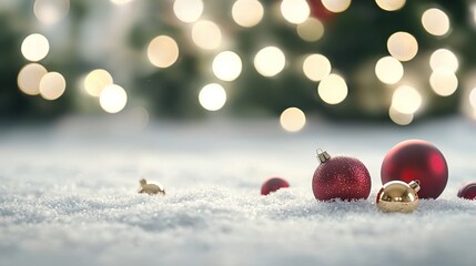 Poster -   A set of scarlet decorations resting atop a snow-covered earth beside a Christmas tree adorned with twinkling lights