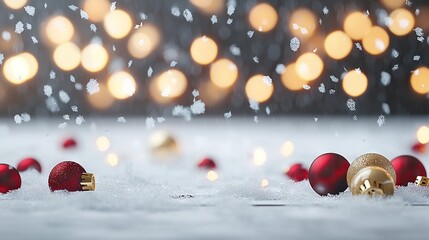 Poster -   Red and gold ornaments adorned the snowy ground, lit up by Christmas lights in the background