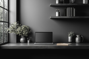 Fototapete - A minimalist workspace with only a laptop and a notebook, designed to enhance focus and reduce distractions. Concept of productivity.