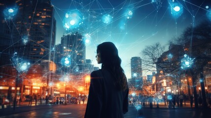 Poster - Woman interacting with a futuristic network, illustrating the blend of technology and business