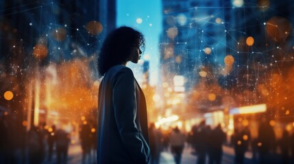 Poster - Woman interacting with a futuristic network, illustrating the blend of technology and business