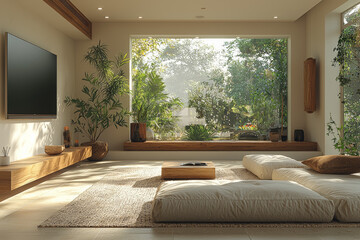 Poster - a minimalist living room with neutral tones and simple furnishings, focusing on functionality and sp