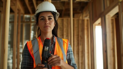Aufkleber - A female carpenter in a reflective vest and hard hat, holding a level and standing in front of a newly framed doorway with visible alignment marks, Construction site scene