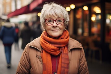 Sticker - Portrait of a senior woman with glasses and scarf in the city