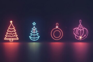 Poster - Glowing lines create minimalist silhouettes of Christmas trees and ornaments, enhancing the festive spirit in the dark backdrop. Generative AI