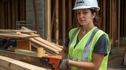 Aufkleber - A female carpenter in a reflective vest and hard hat, holding a set of calipers and standing in front of a wooden structure, Construction site scene