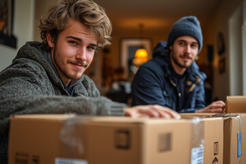 Poster - a friend helping another move into a new apartment, demonstrating the practical ways in which friend