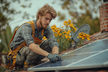 Poster - a family installing solar panels on their home, making the switch to renewable energy and reducing r