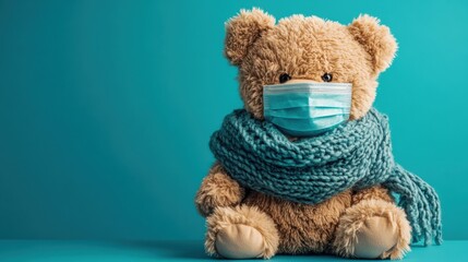 Teddy bear wearing a scarf and a medical mask on a solid color background with space for copy